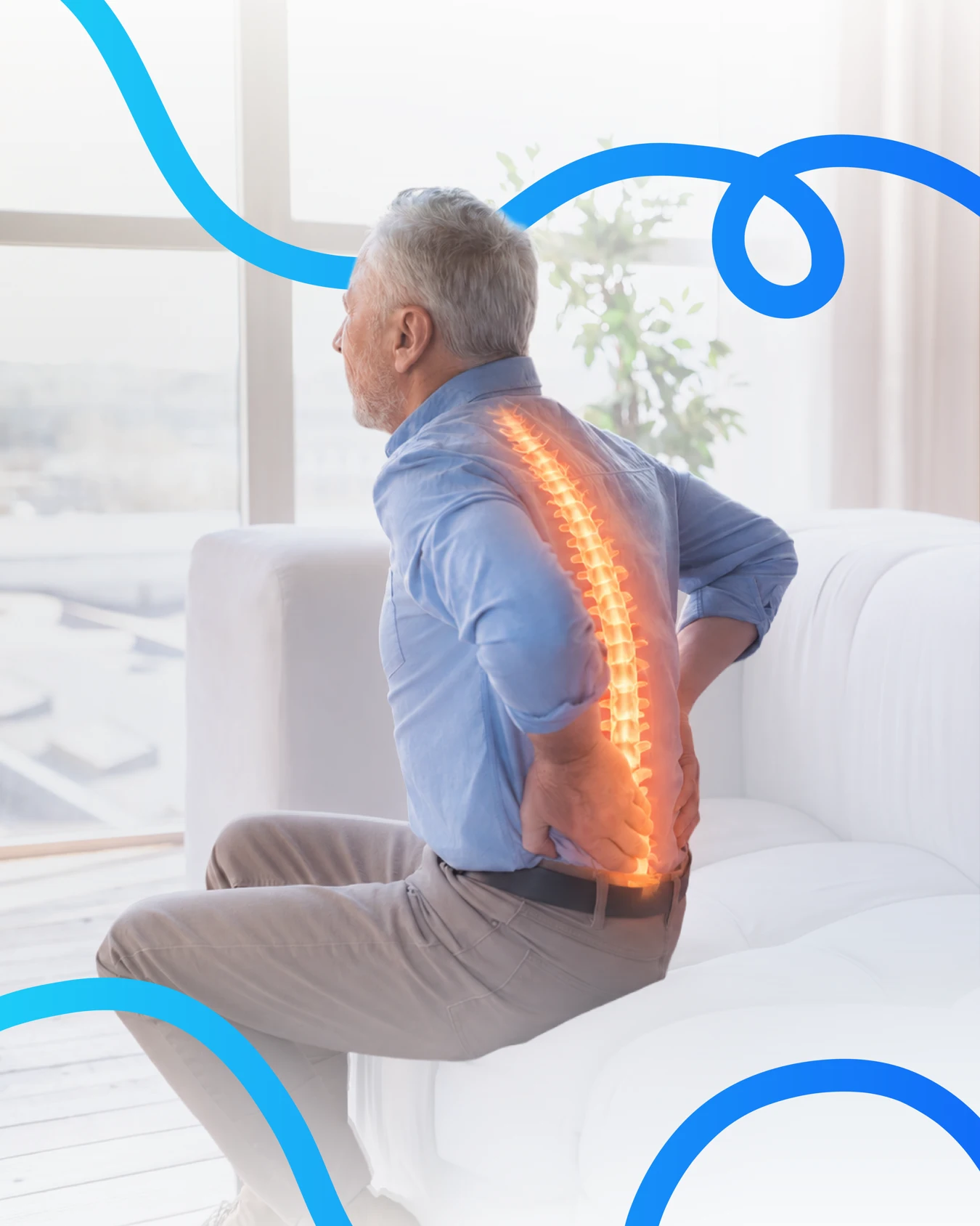 Hombre adulto con dolor en la espalda baja, con la columna vertebral resaltada en ilustración